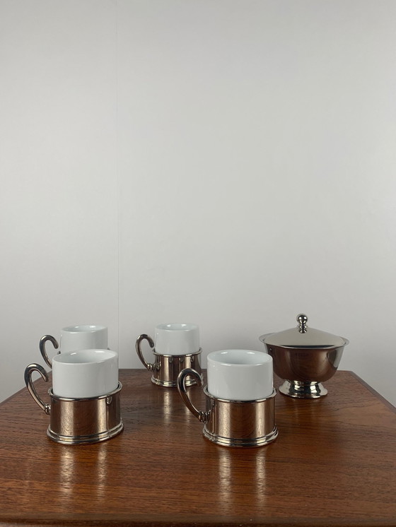 Image 1 of Set Of 4 Vintage Coffee Cups + Sugar Bowl