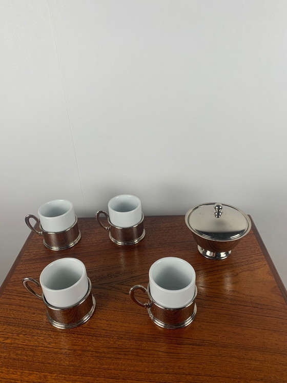 Image 1 of Set Of 4 Vintage Coffee Cups + Sugar Bowl