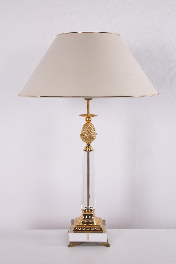 Image 1 of Plexiglass Table Lamp with gold elements Hollywood Regency Style