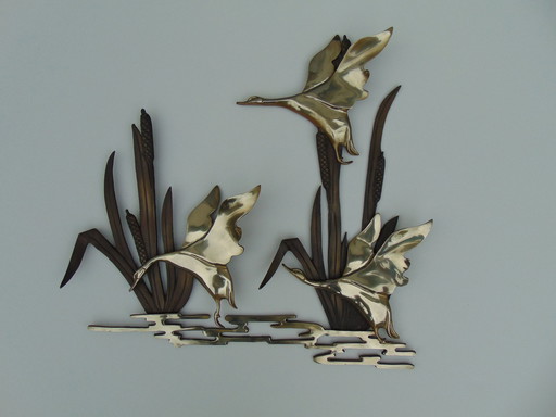 Brass Sculpture Flying Ducks In The Reed