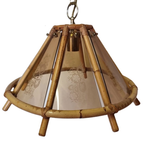 Image 1 of Vintage Bamboo Pendant Lamp With Decorative Glass From The 1970s