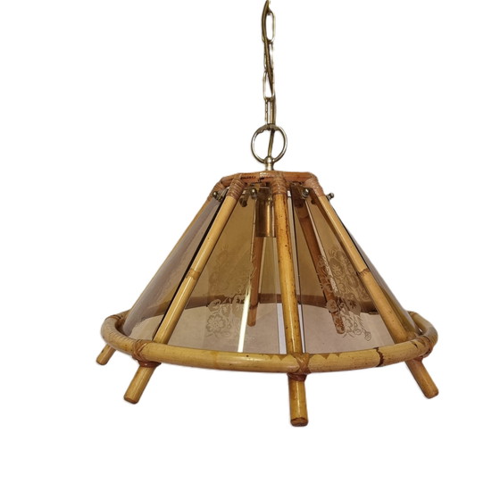 Image 1 of Vintage Bamboo Pendant Lamp With Decorative Glass From The 1970s