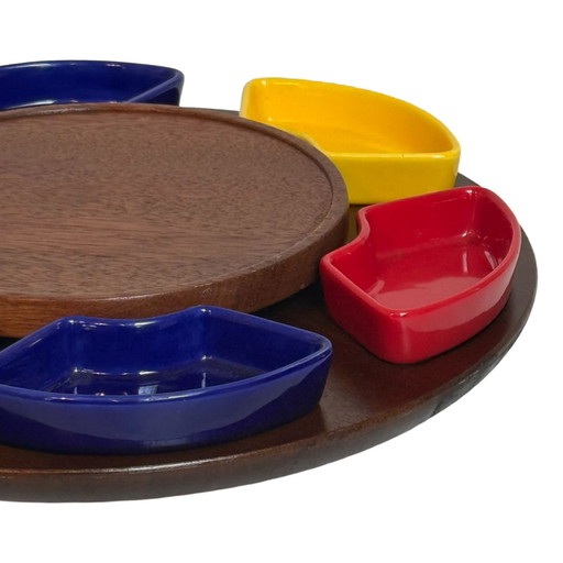 Lazy Susan / Serving Tray - Teak Wood and Multi-Colored Ceramic Bowls - 1970s Scandinavian Design