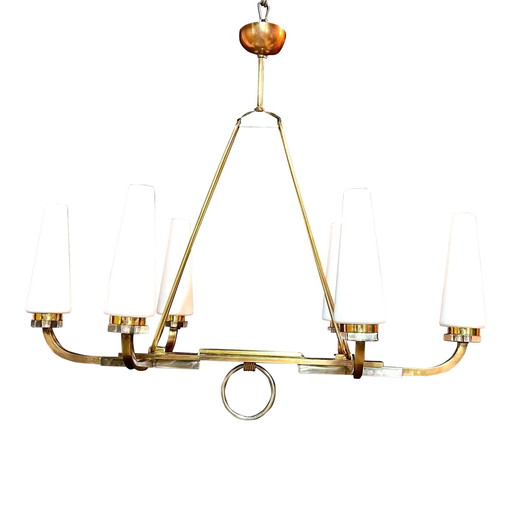 Maison Lunel Certified, Bronze Chandelier Six White Opalines, France Mid-Century