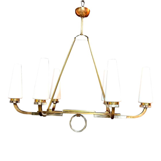 Image 1 of Maison Lunel Certified, Bronze Chandelier Six White Opalines, France Mid-Century