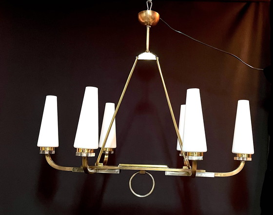 Image 1 of Maison Lunel Certified, Bronze Chandelier Six White Opalines, France Mid-Century