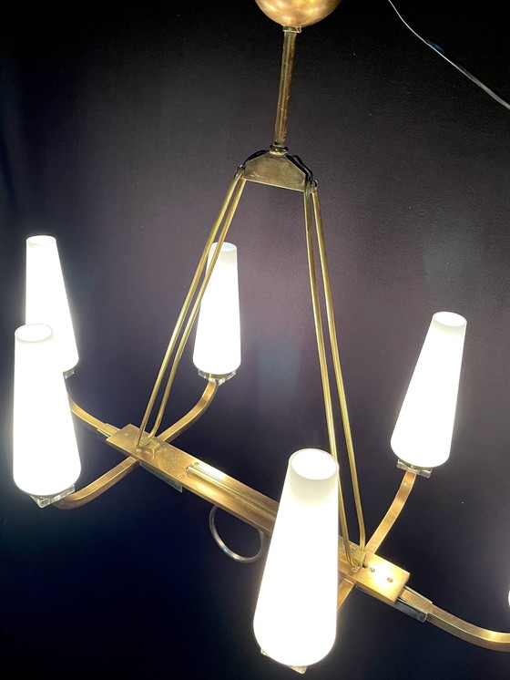 Image 1 of Maison Lunel Certified, Bronze Chandelier Six White Opalines, France Mid-Century