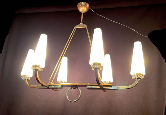 Image 1 of Maison Lunel Certified, Bronze Chandelier Six White Opalines, France Mid-Century