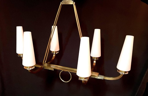 Maison Lunel Certified, Bronze Chandelier Six White Opalines, France Mid-Century