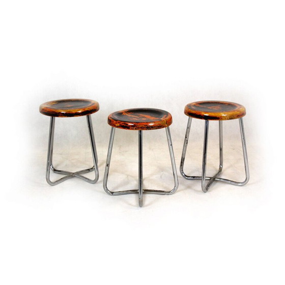 Image 1 of Set of 3 vintage Bauhaus chrome tubular steel stools by Robert Slezak, Czechoslovakia 1930s