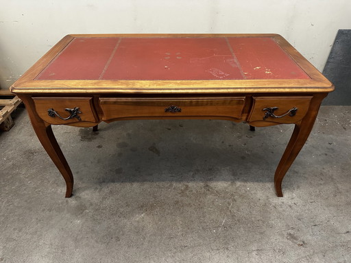 Bureau Style Louis Xv Avec Rallonge - Merisier - Dessus Cuir Rouge