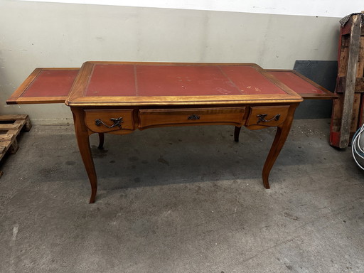 Bureau Style Louis Xv Avec Rallonge - Merisier - Dessus Cuir Rouge