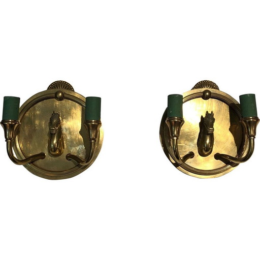 Pair of vintage bronze wall lamps with horse heads, France 1940s