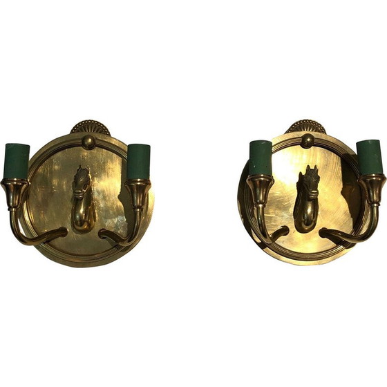 Image 1 of Coppia di lampade da parete vintage in bronzo con teste di cavallo, Francia anni '40