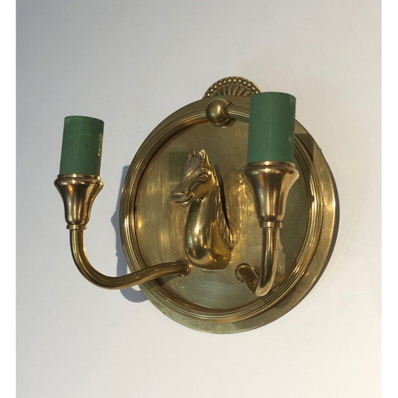 Image 1 of Coppia di lampade da parete vintage in bronzo con teste di cavallo, Francia anni '40