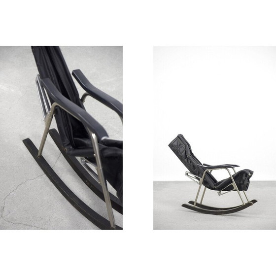 Image 1 of Vintage postmodern black leather rocking chair by Takeshi Nii, 1950s
