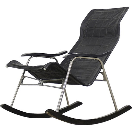 Vintage postmodern black leather rocking chair by Takeshi Nii, 1950s