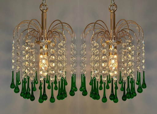 Set Of 2 Pieces Teardrop Pendant Lamps Vintage Green Crystal Pearls Gold Frame