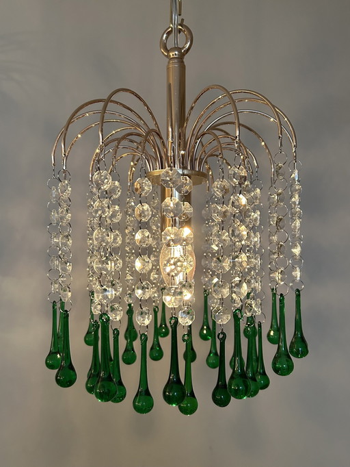 Set Of 2 Pieces Teardrop Pendant Lamps Vintage Green Crystal Pearls Gold Frame