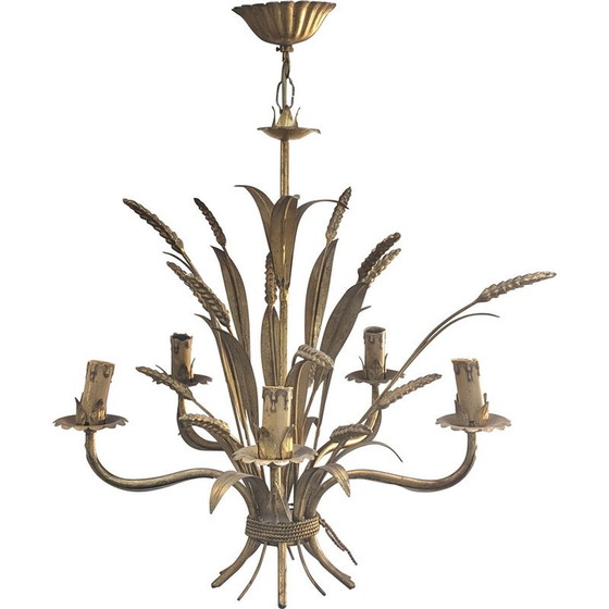 Image 1 of Vintage "ears of wheat" chandelier in gilded metal, 1970