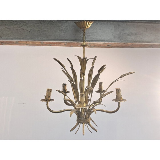 Image 1 of Vintage "ears of wheat" chandelier in gilded metal, 1970