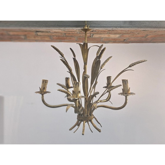 Image 1 of Vintage "ears of wheat" chandelier in gilded metal, 1970