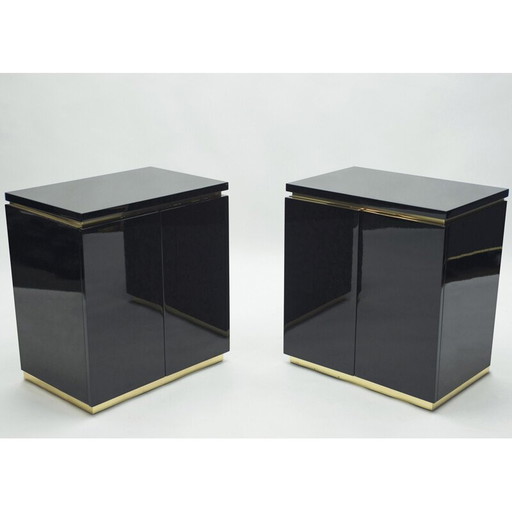 Pair of vintage chest of drawers in black lacquer and brass by J.C. Mahey for Maison Romeo, 1970