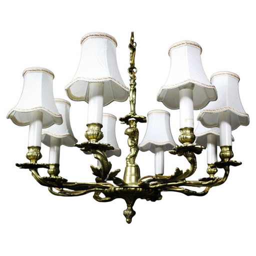 Vintage brass and white fabric chandelier, 1950