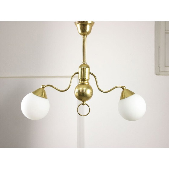 Image 1 of Lampadario Art Déco vintage in ottone e opalino, Italia