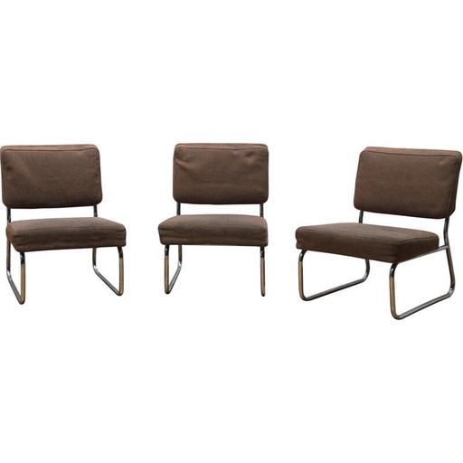 Set of 3 vintage armchairs in chromed metal and wool, 1950