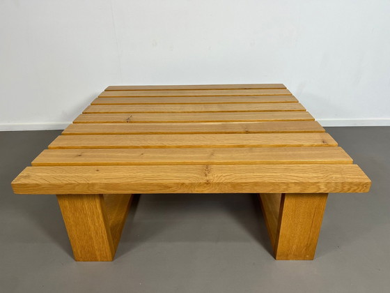 Image 1 of Table basse vintage scandinave en bois massif à lamelles