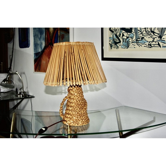Image 1 of Vintage lamp in stressed rush and bamboo by Audoux Minet, 1950