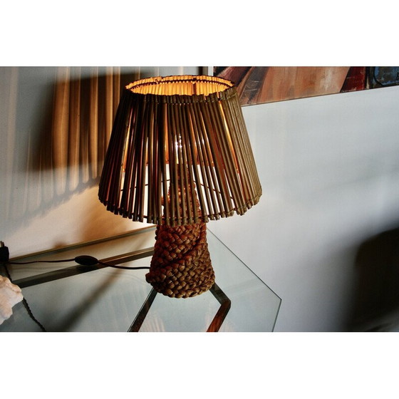 Image 1 of Vintage lamp in stressed rush and bamboo by Audoux Minet, 1950