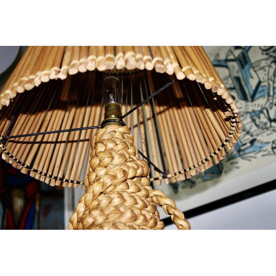 Image 1 of Vintage lamp in stressed rush and bamboo by Audoux Minet, 1950