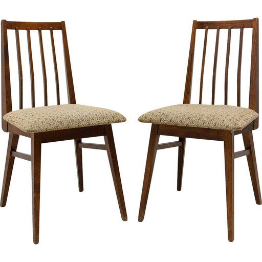 Pair of mid century beech wood dining chairs with upholstered, Czechoslovakia 1960s