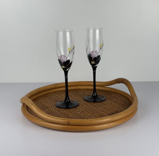 Image 1 of Vintage Rattan Woven Round Tray With Bamboo Handle And Wooden Bottom