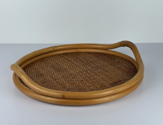 Image 1 of Vintage Rattan Woven Round Tray With Bamboo Handle And Wooden Bottom