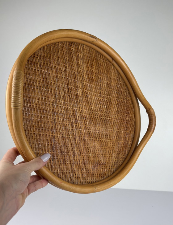 Image 1 of Vintage Rattan Woven Round Tray With Bamboo Handle And Wooden Bottom