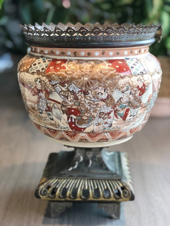 Image 1 of Oriental Decorative Vase On Copper Base, Origin Unknown.