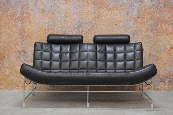 Image 1 of Black leather Leolux Volare designer two-seater sofa