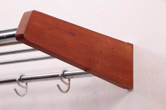 Image 1 of Vintage Design Teak Wall coat rack with chrome hooks, 60s.