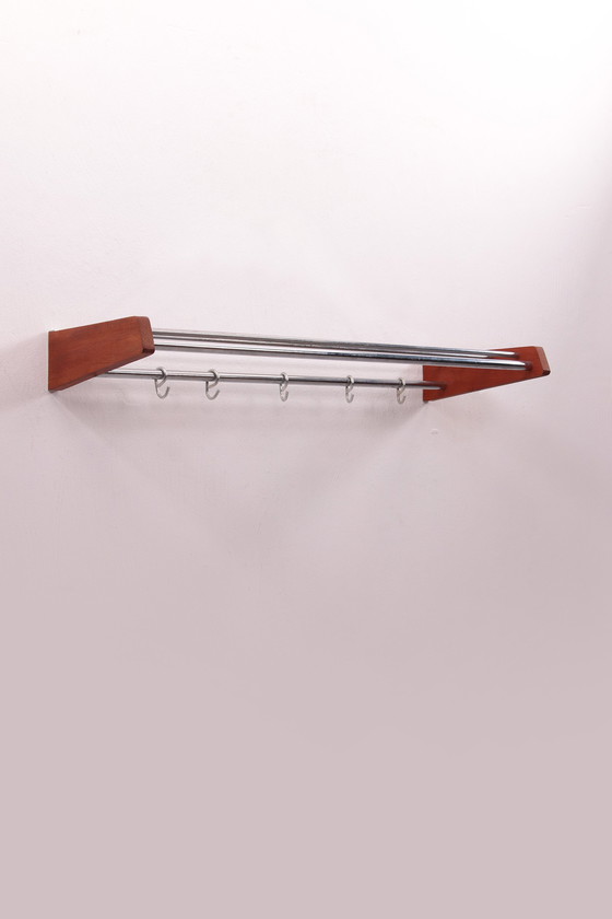 Image 1 of Vintage Design Teak Wall coat rack with chrome hooks, 60s.