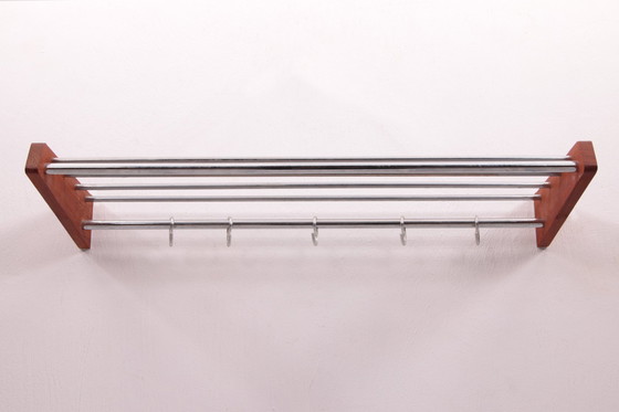 Image 1 of Vintage Design Teak Wall coat rack with chrome hooks, 60s.