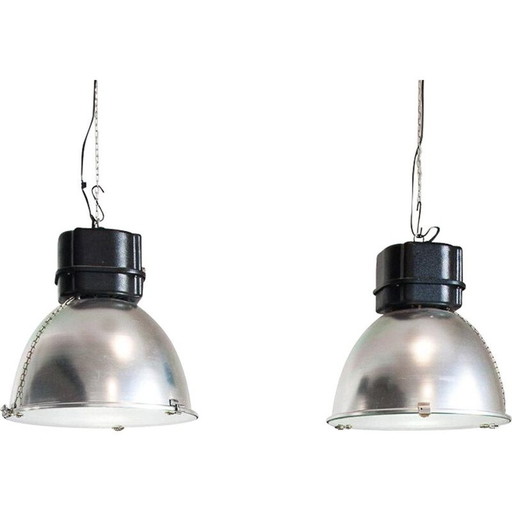 Pair of vintage industrial aluminium pendant lamps, Spain