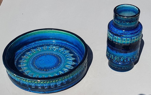 2X Italian Rimini Blue Vase And Bowl From Bitossi, 1960S