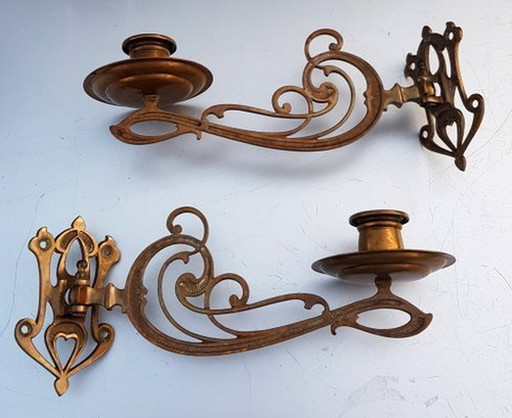 Art Nouveau Brass Wall Candleholders, 1890S, Set Of 2