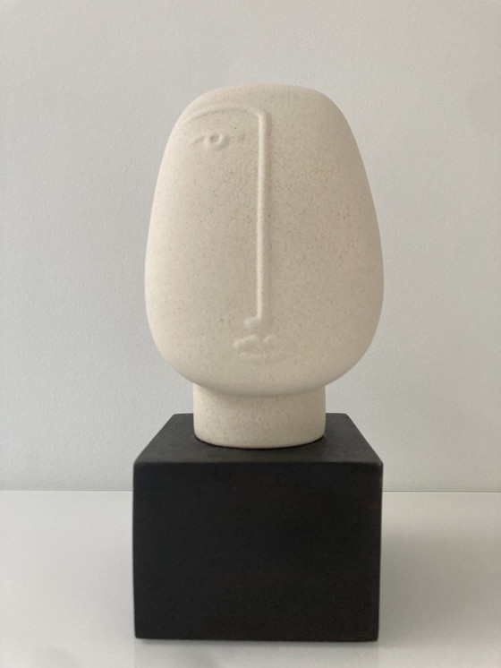 Image 1 of Modern Sculpture Of A Stylized Head, Made Of Rough Ceramic On Pedestal