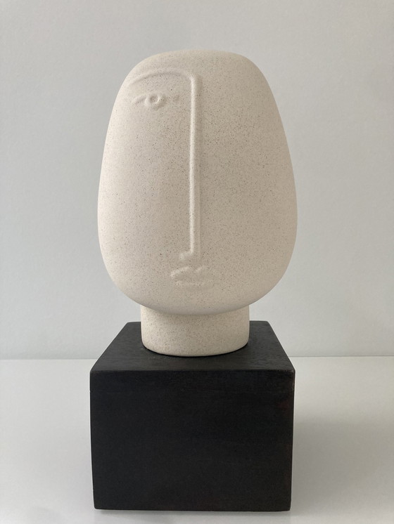 Image 1 of Modern Sculpture Of A Stylized Head, Made Of Rough Ceramic On Pedestal