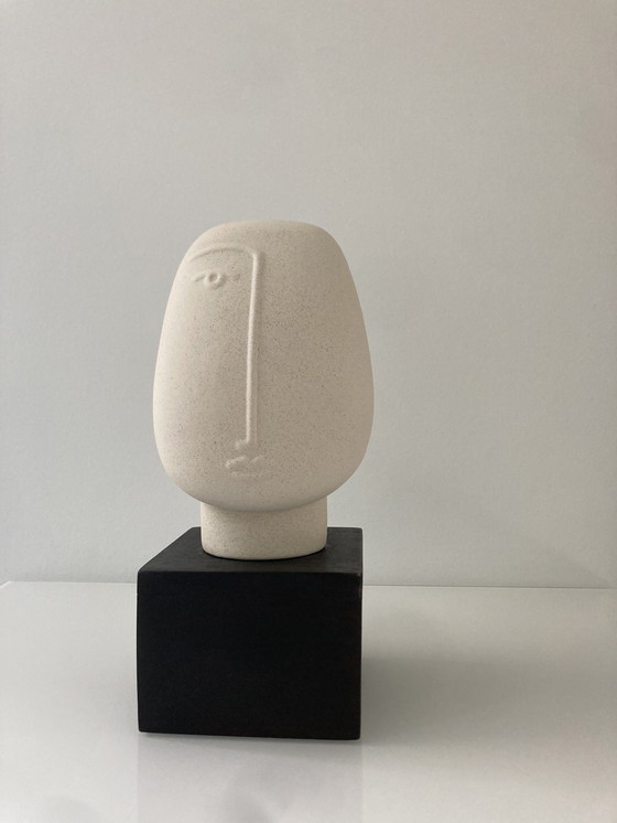 Image 1 of Modern Sculpture Of A Stylized Head, Made Of Rough Ceramic On Pedestal