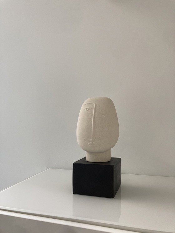 Image 1 of Modern Sculpture Of A Stylized Head, Made Of Rough Ceramic On Pedestal